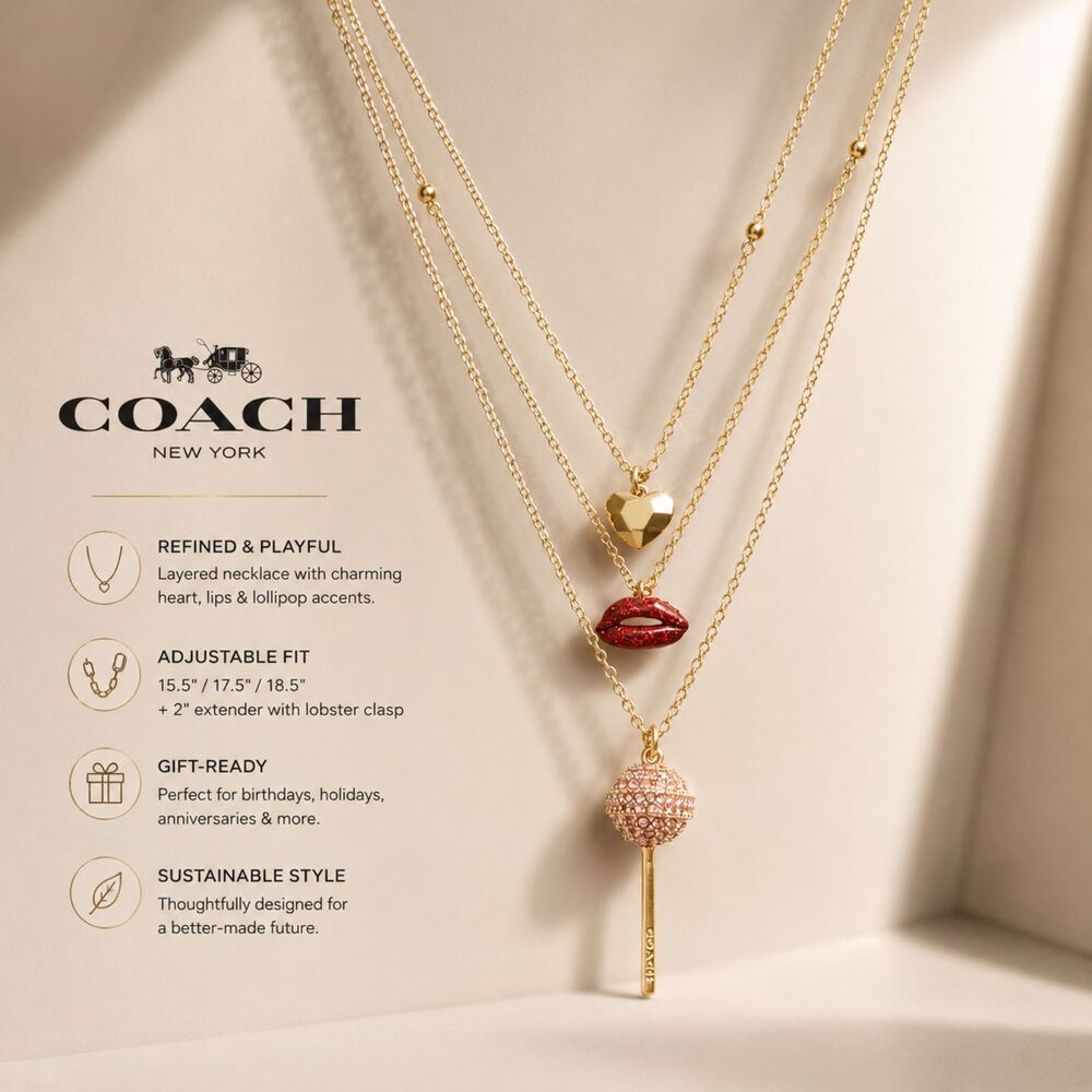 NEW Coach Gold Tone Layered Charm Necklace Heart Lips Lollipop Pendant Gift - Picture 2 of 5